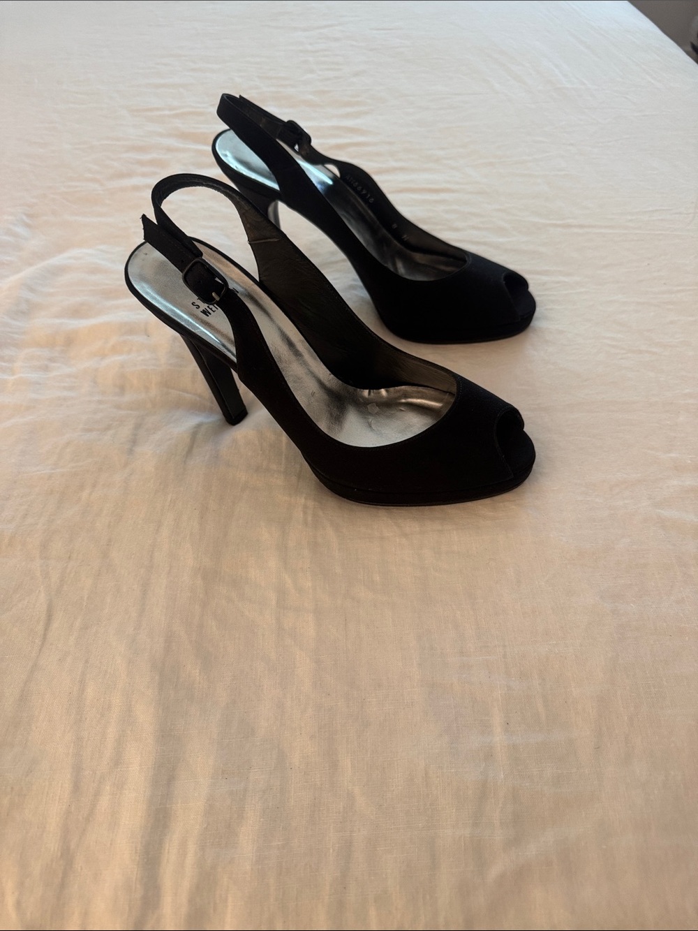 Stuart Weitzman Black Peep-Toe Slingback Heels
